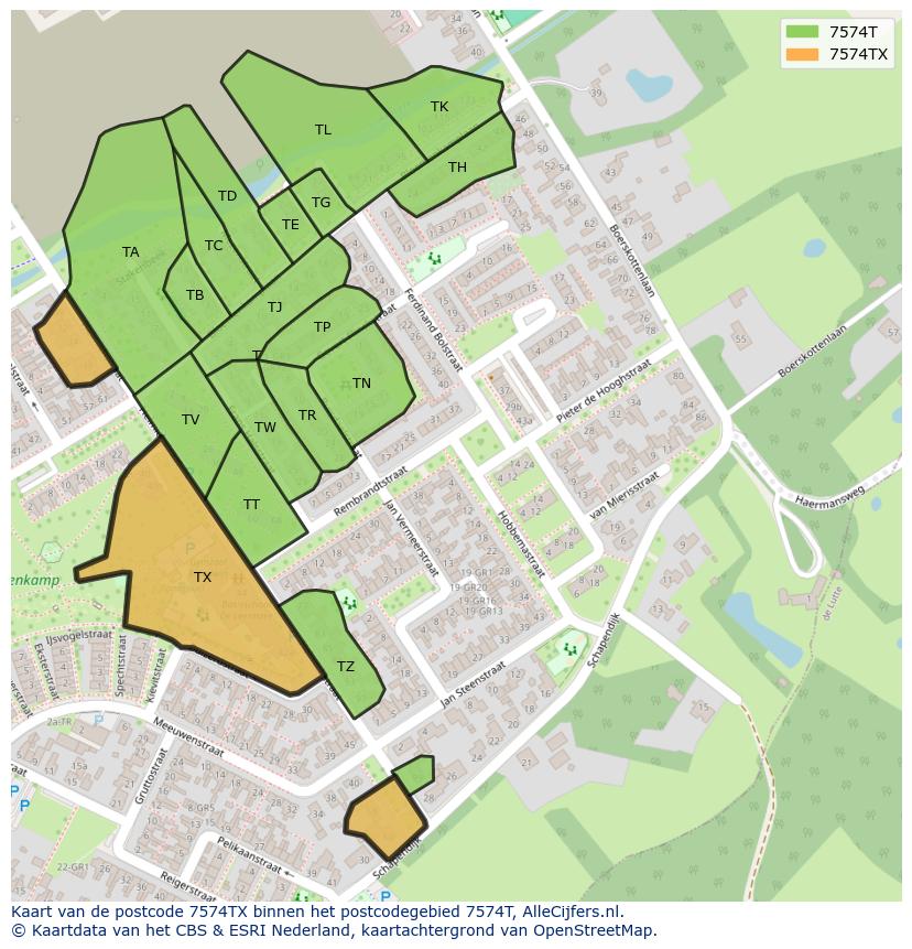 Afbeelding van het postcodegebied 7574 TX op de kaart.