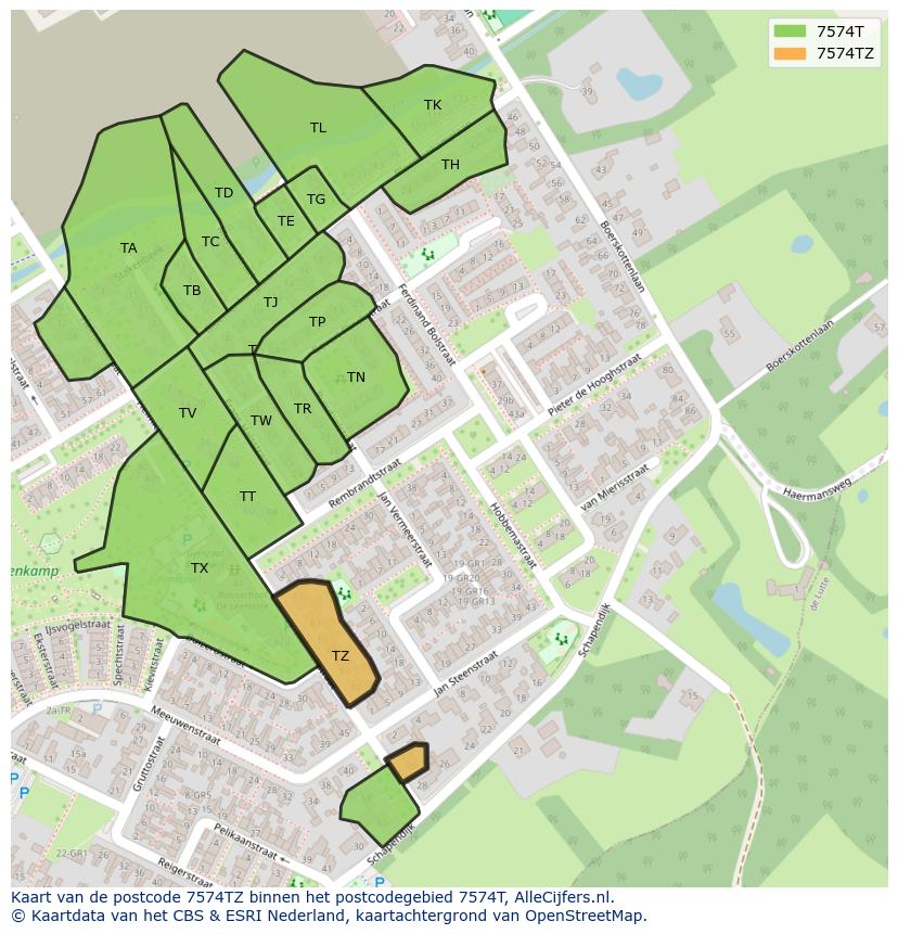 Afbeelding van het postcodegebied 7574 TZ op de kaart.