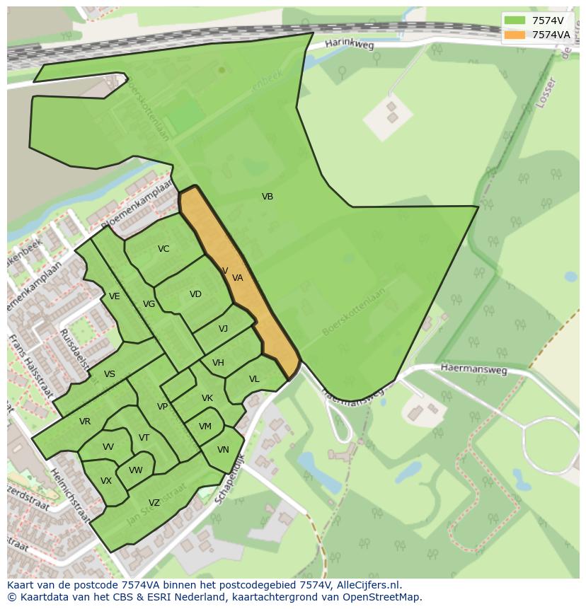 Afbeelding van het postcodegebied 7574 VA op de kaart.