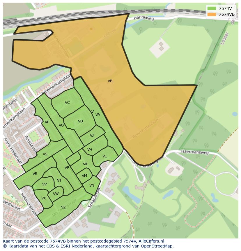 Afbeelding van het postcodegebied 7574 VB op de kaart.
