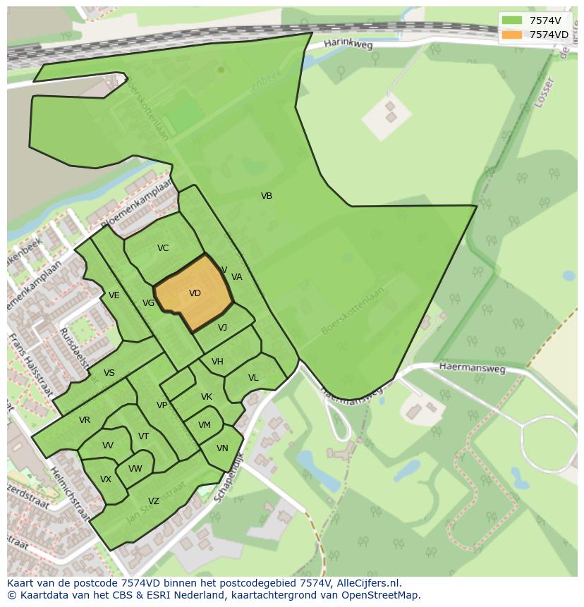 Afbeelding van het postcodegebied 7574 VD op de kaart.