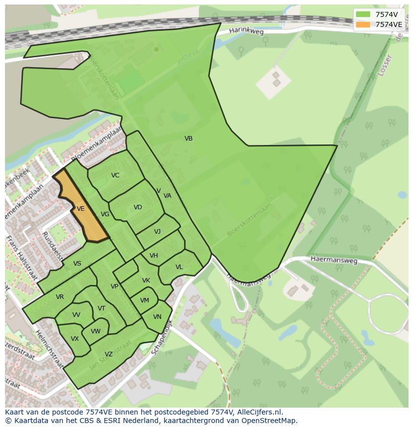 Afbeelding van het postcodegebied 7574 VE op de kaart.