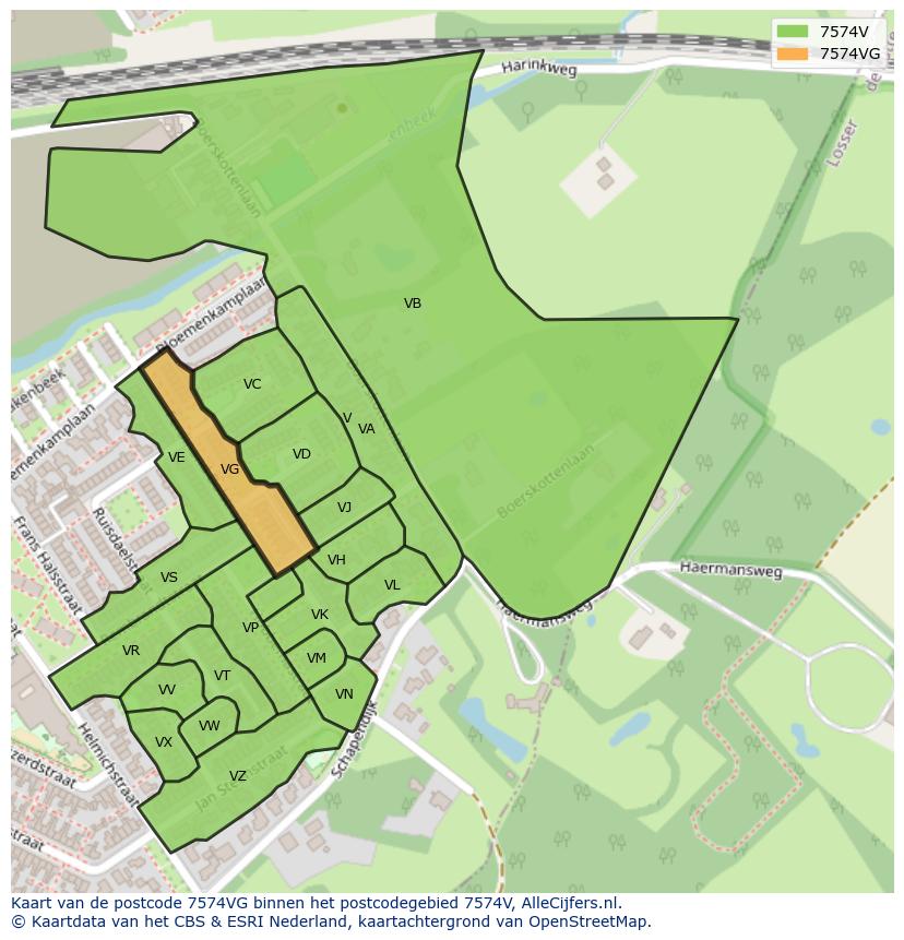 Afbeelding van het postcodegebied 7574 VG op de kaart.