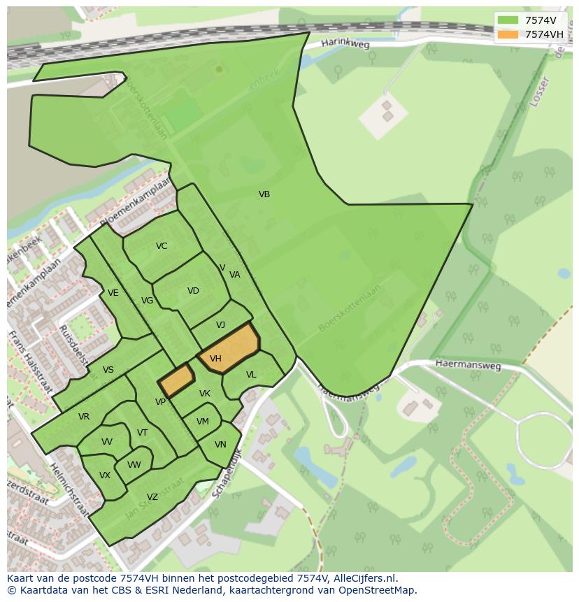 Afbeelding van het postcodegebied 7574 VH op de kaart.
