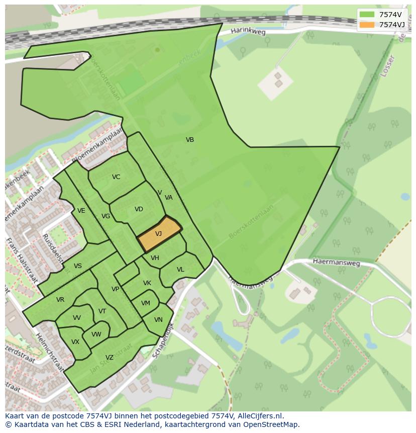 Afbeelding van het postcodegebied 7574 VJ op de kaart.