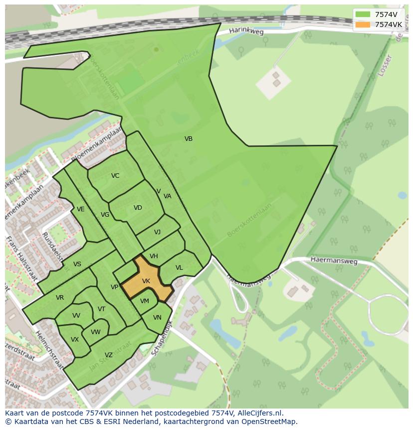 Afbeelding van het postcodegebied 7574 VK op de kaart.