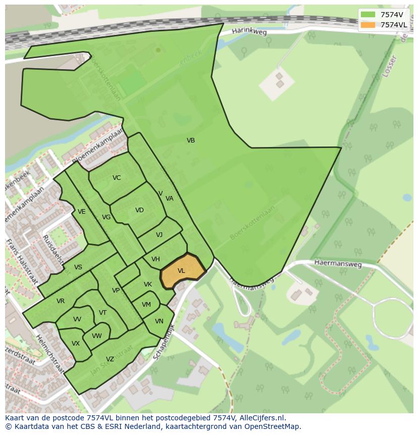 Afbeelding van het postcodegebied 7574 VL op de kaart.