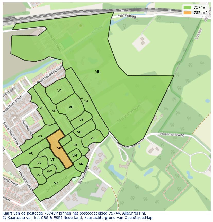 Afbeelding van het postcodegebied 7574 VP op de kaart.
