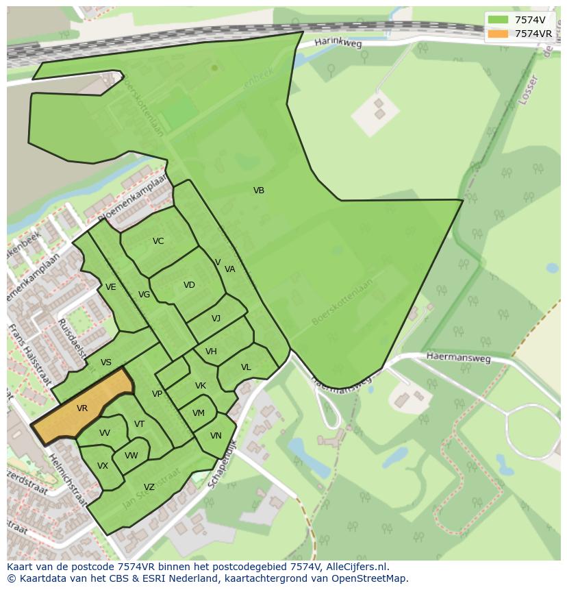 Afbeelding van het postcodegebied 7574 VR op de kaart.