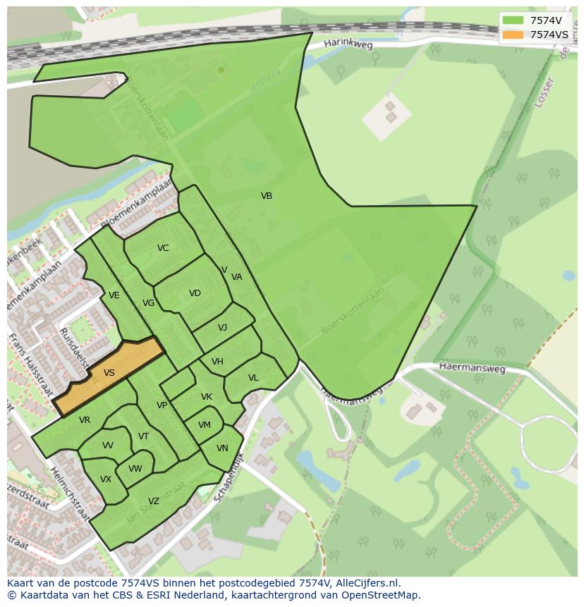 Afbeelding van het postcodegebied 7574 VS op de kaart.