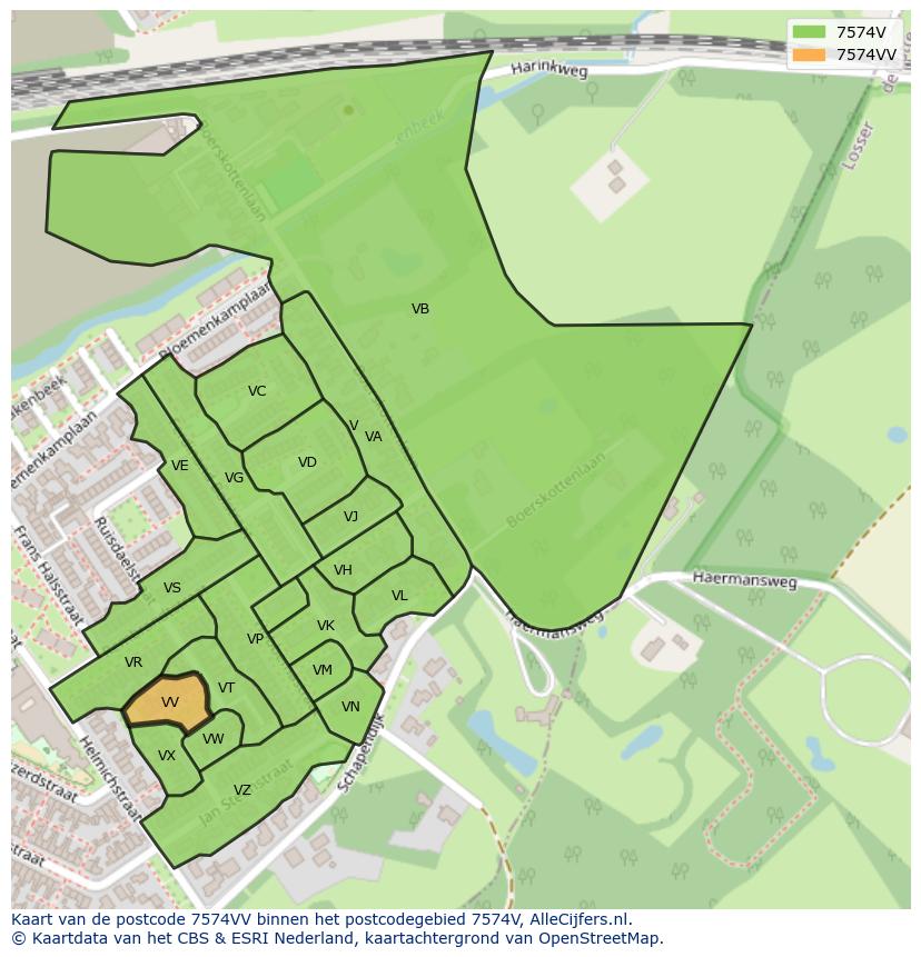 Afbeelding van het postcodegebied 7574 VV op de kaart.