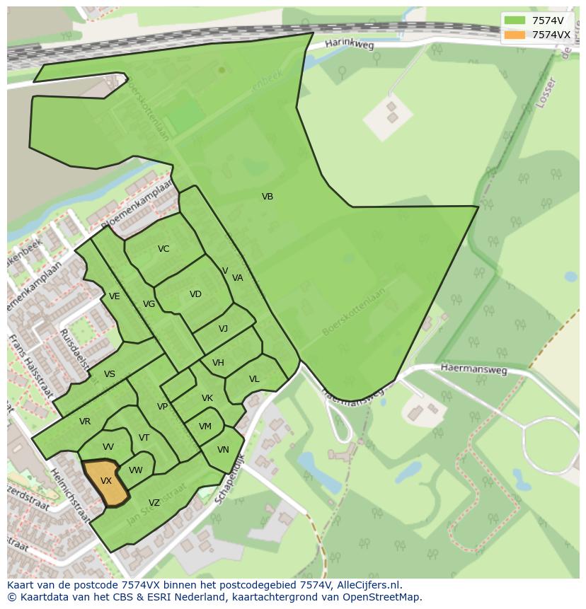 Afbeelding van het postcodegebied 7574 VX op de kaart.