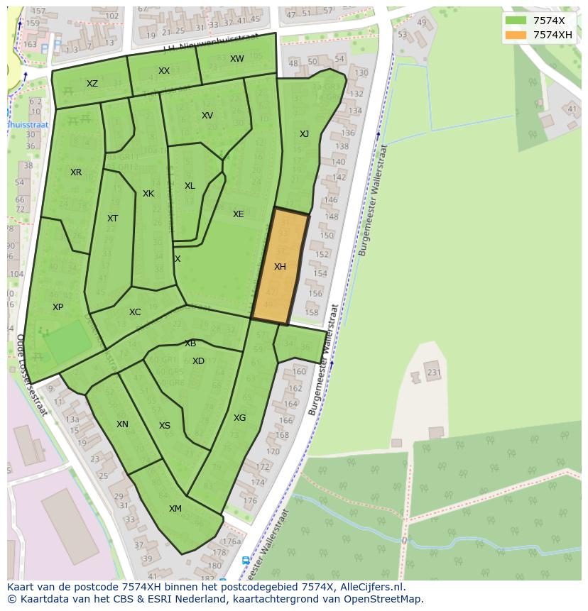 Afbeelding van het postcodegebied 7574 XH op de kaart.