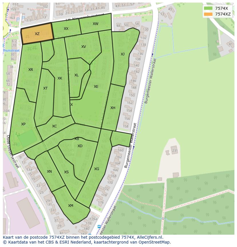 Afbeelding van het postcodegebied 7574 XZ op de kaart.