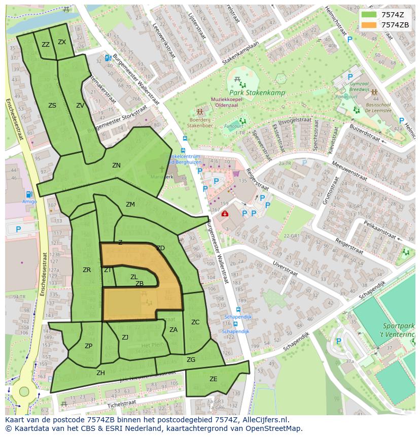 Afbeelding van het postcodegebied 7574 ZB op de kaart.