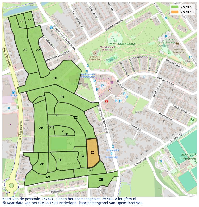 Afbeelding van het postcodegebied 7574 ZC op de kaart.