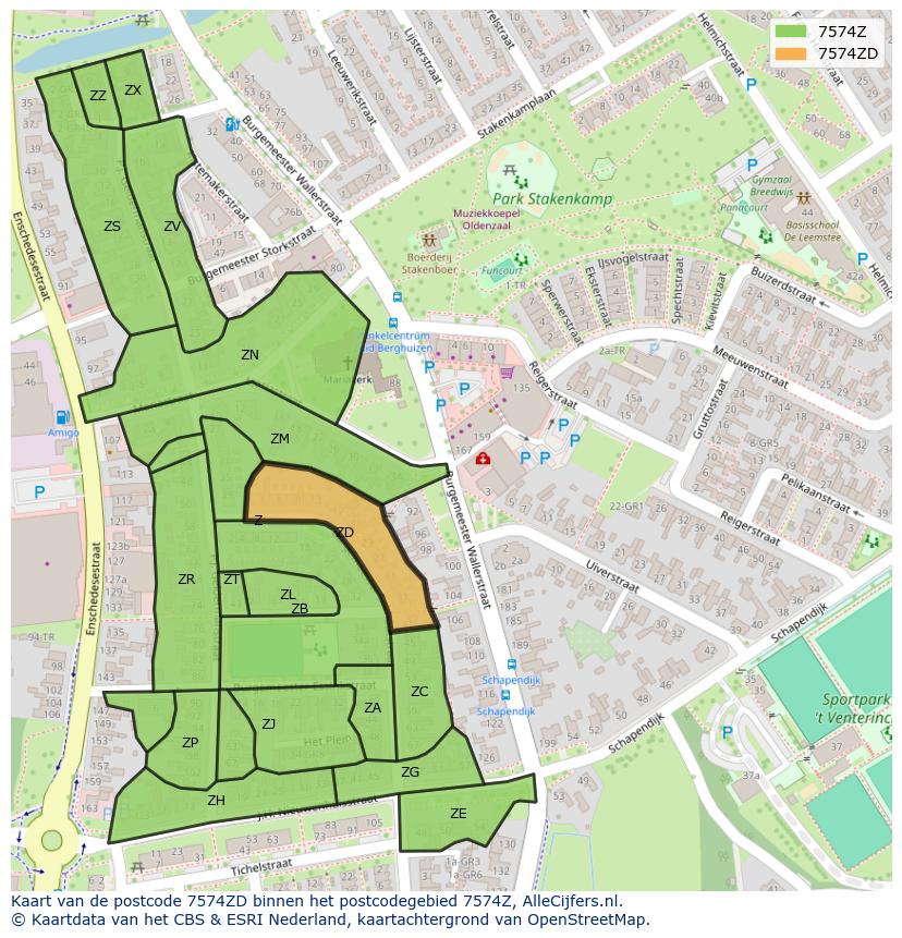 Afbeelding van het postcodegebied 7574 ZD op de kaart.