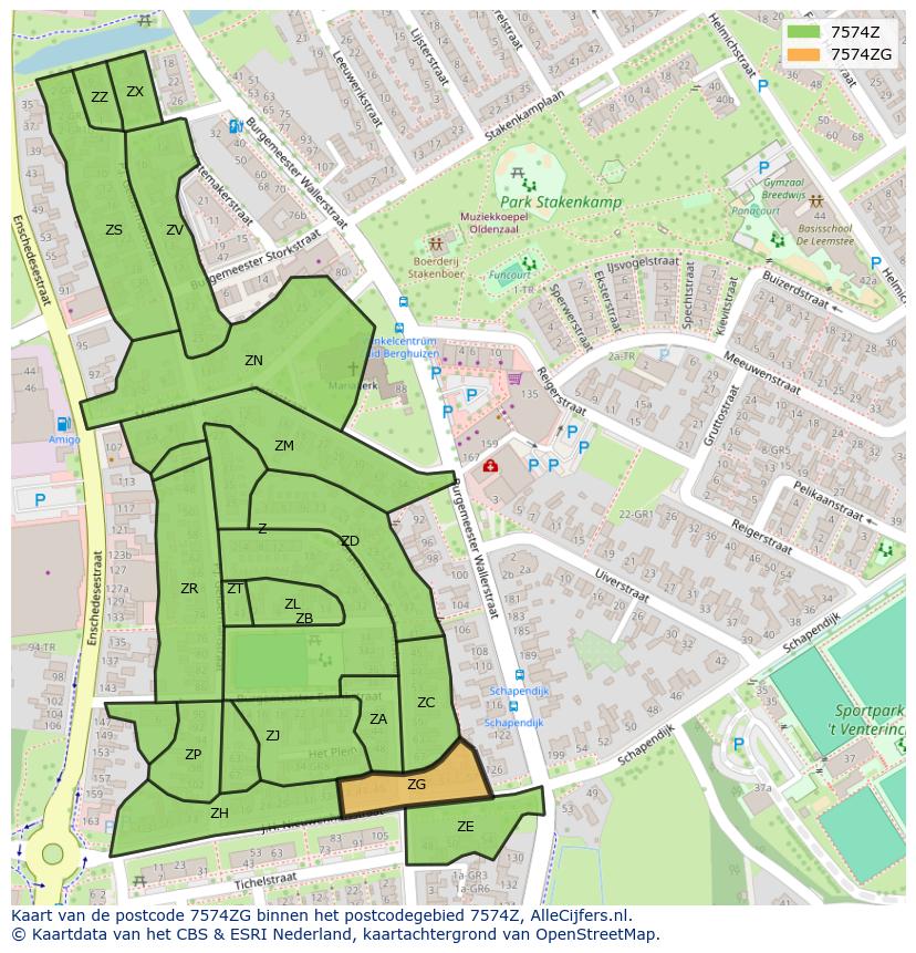 Afbeelding van het postcodegebied 7574 ZG op de kaart.