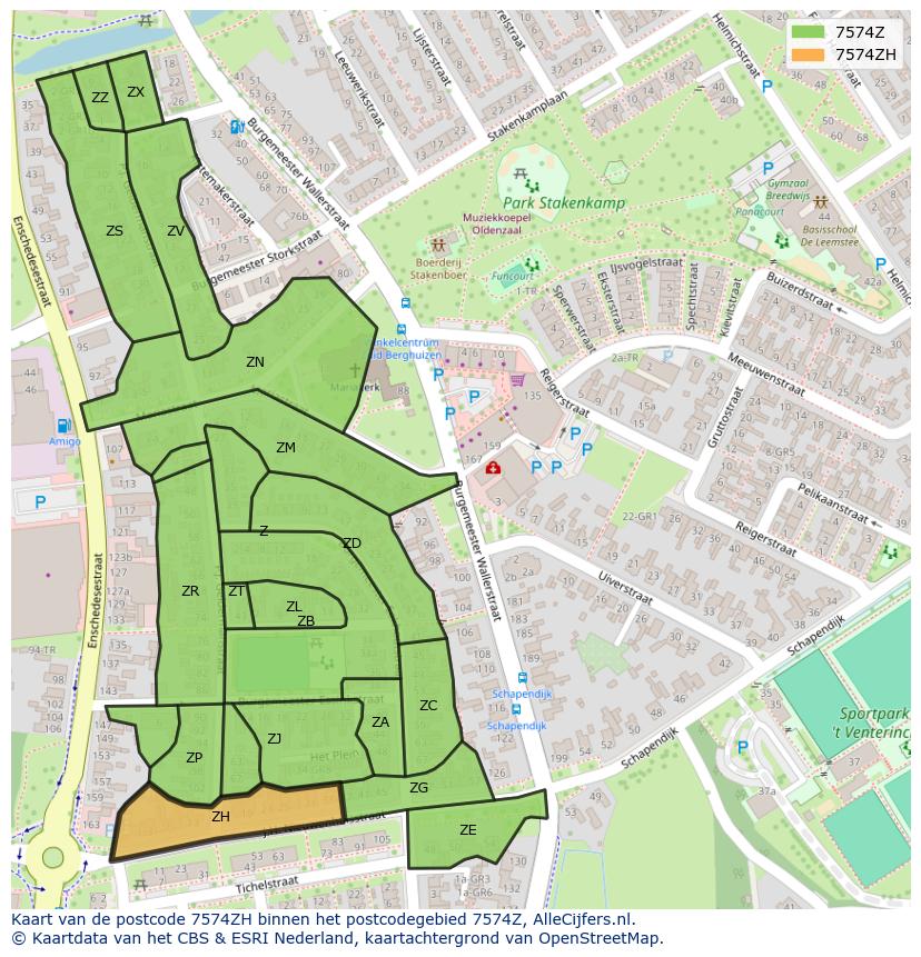 Afbeelding van het postcodegebied 7574 ZH op de kaart.