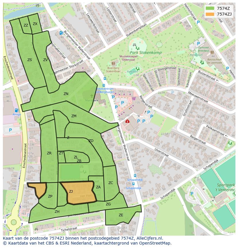 Afbeelding van het postcodegebied 7574 ZJ op de kaart.
