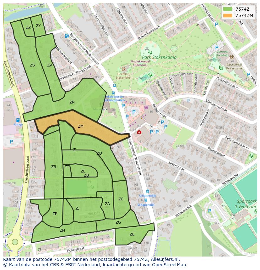 Afbeelding van het postcodegebied 7574 ZM op de kaart.