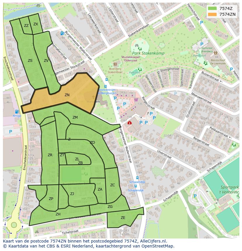 Afbeelding van het postcodegebied 7574 ZN op de kaart.