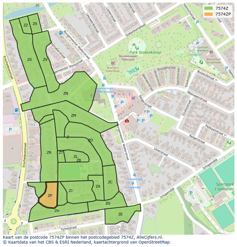 Afbeelding van het postcodegebied 7574 ZP op de kaart.