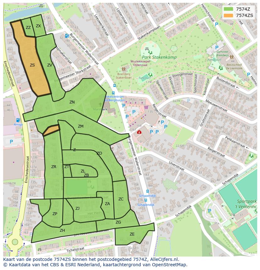 Afbeelding van het postcodegebied 7574 ZS op de kaart.