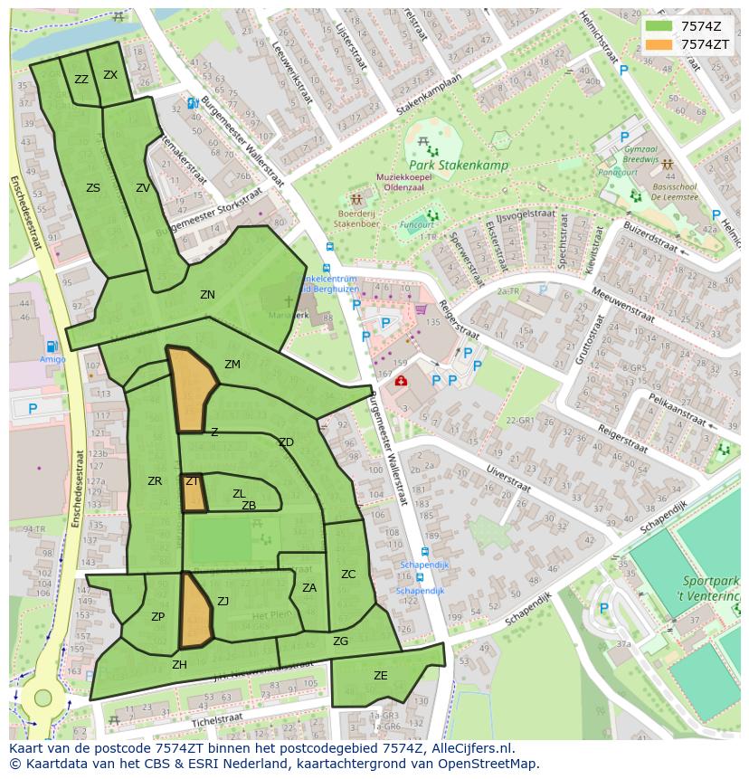 Afbeelding van het postcodegebied 7574 ZT op de kaart.
