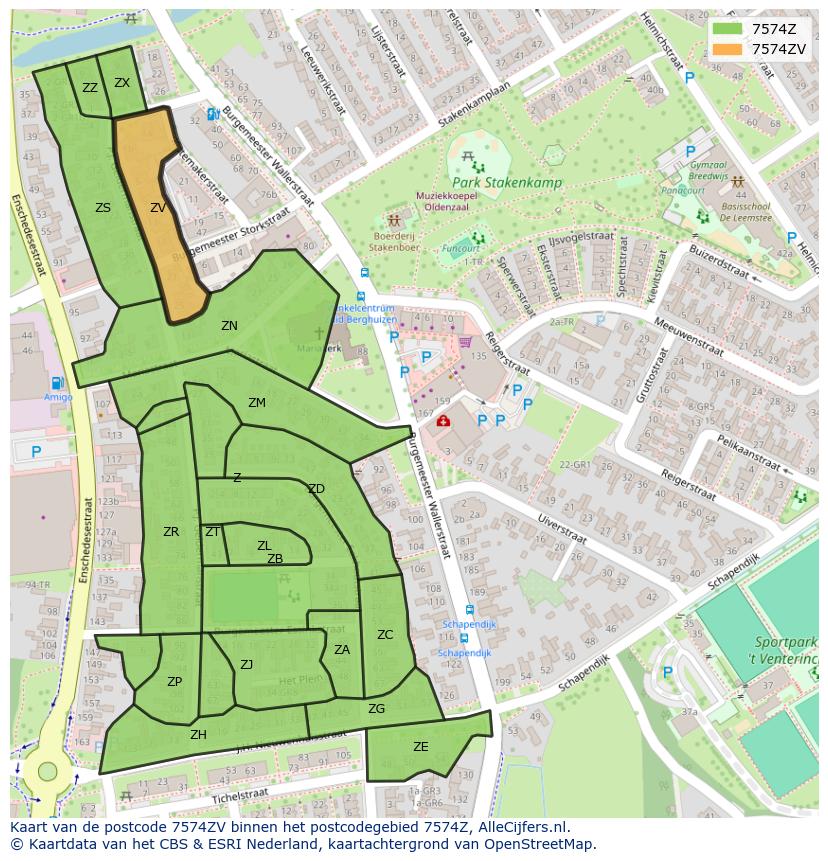 Afbeelding van het postcodegebied 7574 ZV op de kaart.