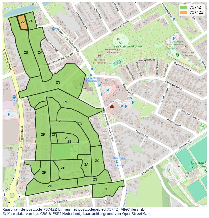 Afbeelding van het postcodegebied 7574 ZZ op de kaart.