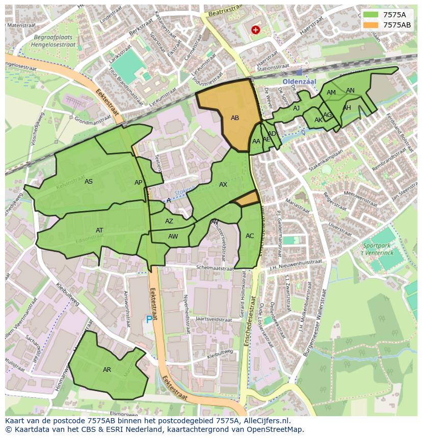 Afbeelding van het postcodegebied 7575 AB op de kaart.