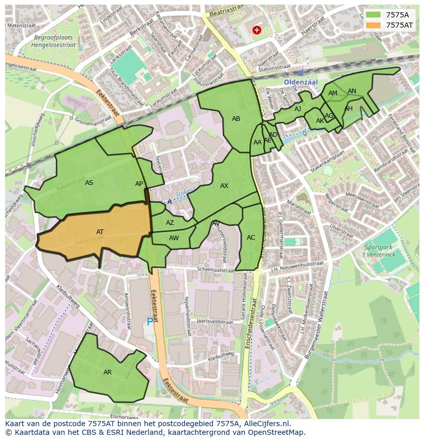 Afbeelding van het postcodegebied 7575 AT op de kaart.