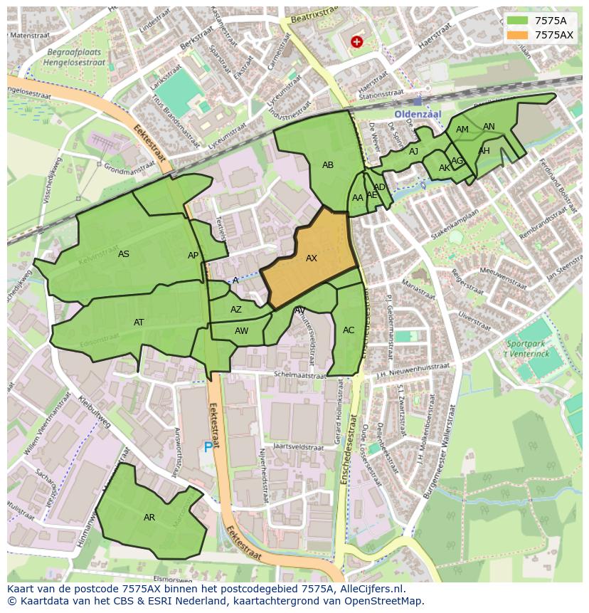 Afbeelding van het postcodegebied 7575 AX op de kaart.