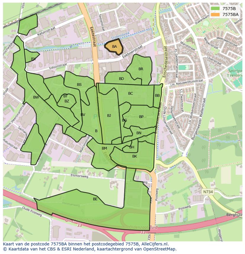 Afbeelding van het postcodegebied 7575 BA op de kaart.