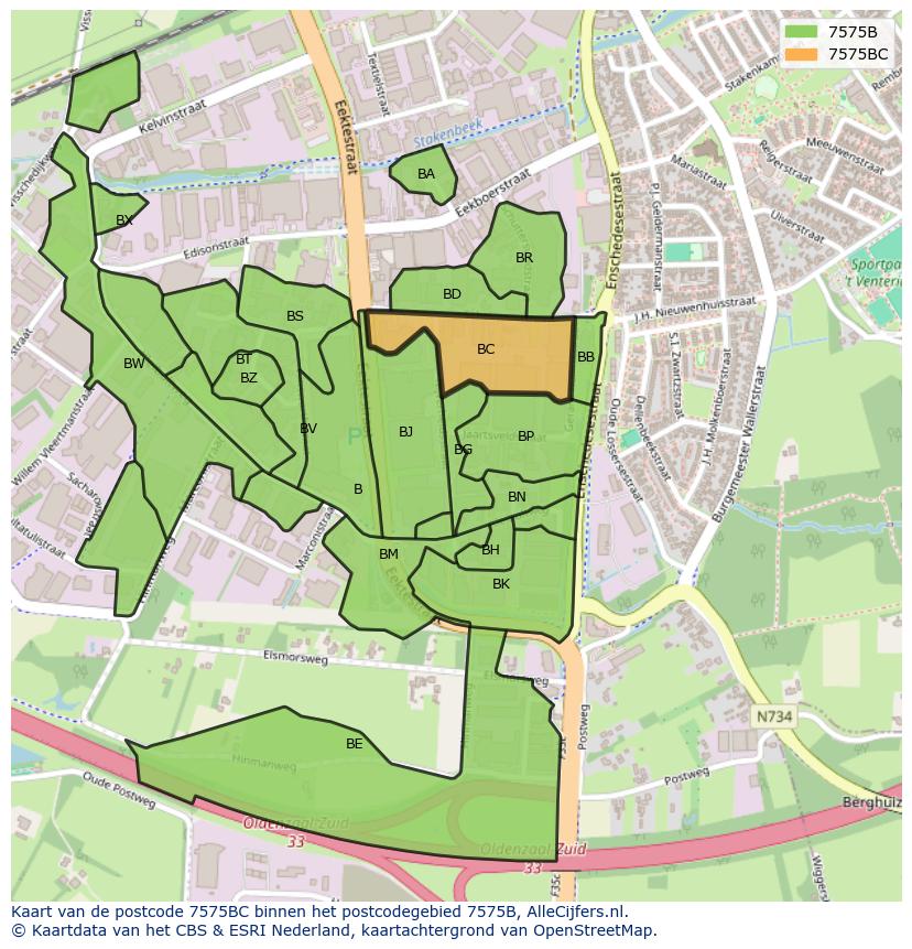 Afbeelding van het postcodegebied 7575 BC op de kaart.
