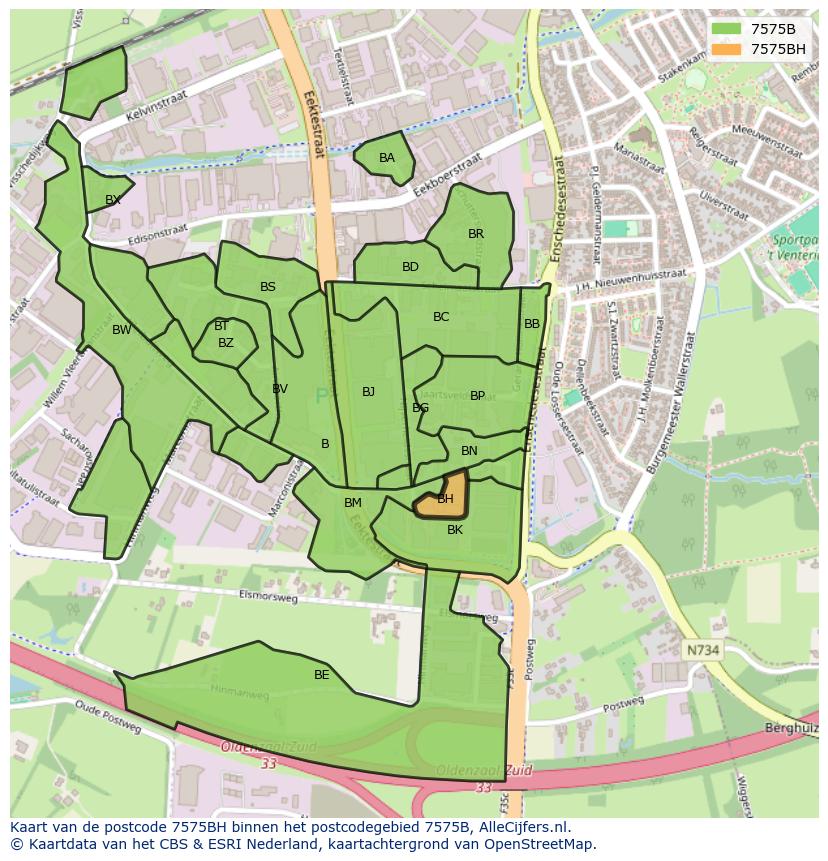 Afbeelding van het postcodegebied 7575 BH op de kaart.