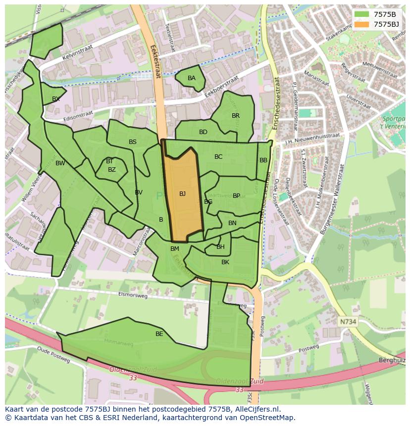 Afbeelding van het postcodegebied 7575 BJ op de kaart.