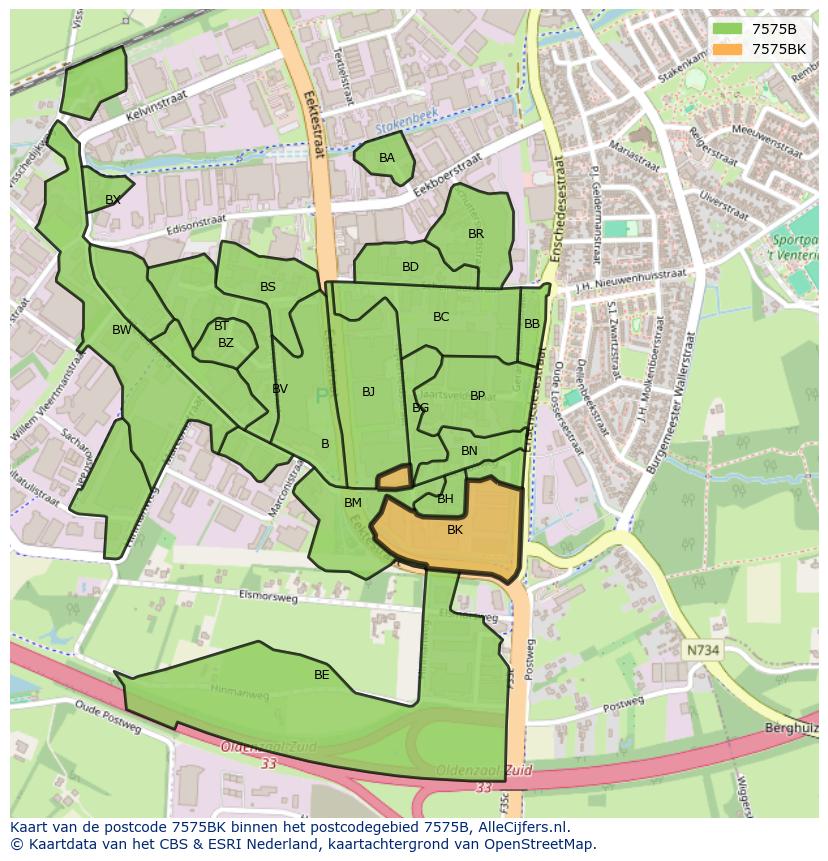 Afbeelding van het postcodegebied 7575 BK op de kaart.