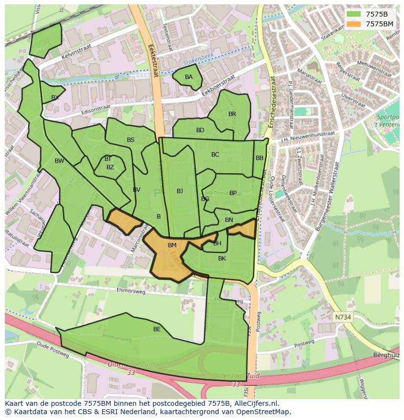 Afbeelding van het postcodegebied 7575 BM op de kaart.