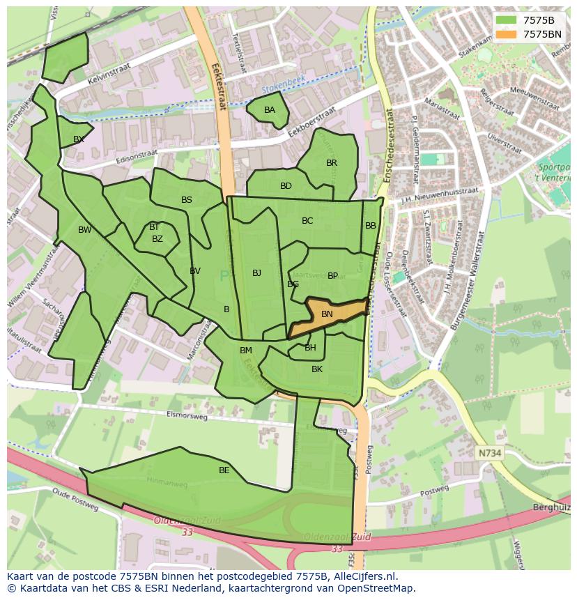 Afbeelding van het postcodegebied 7575 BN op de kaart.