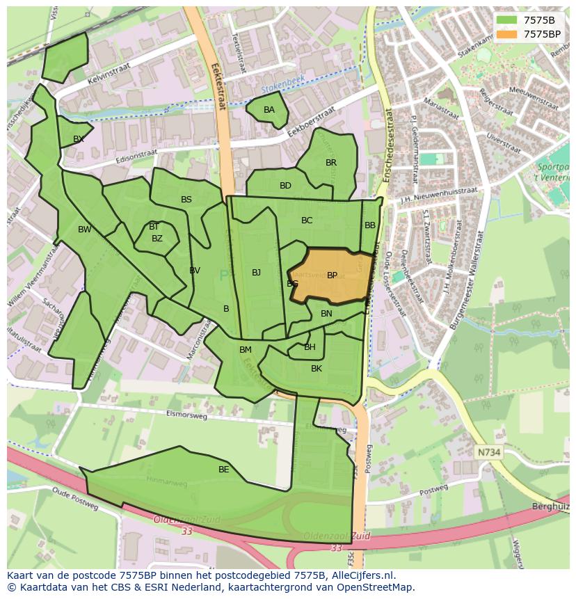 Afbeelding van het postcodegebied 7575 BP op de kaart.