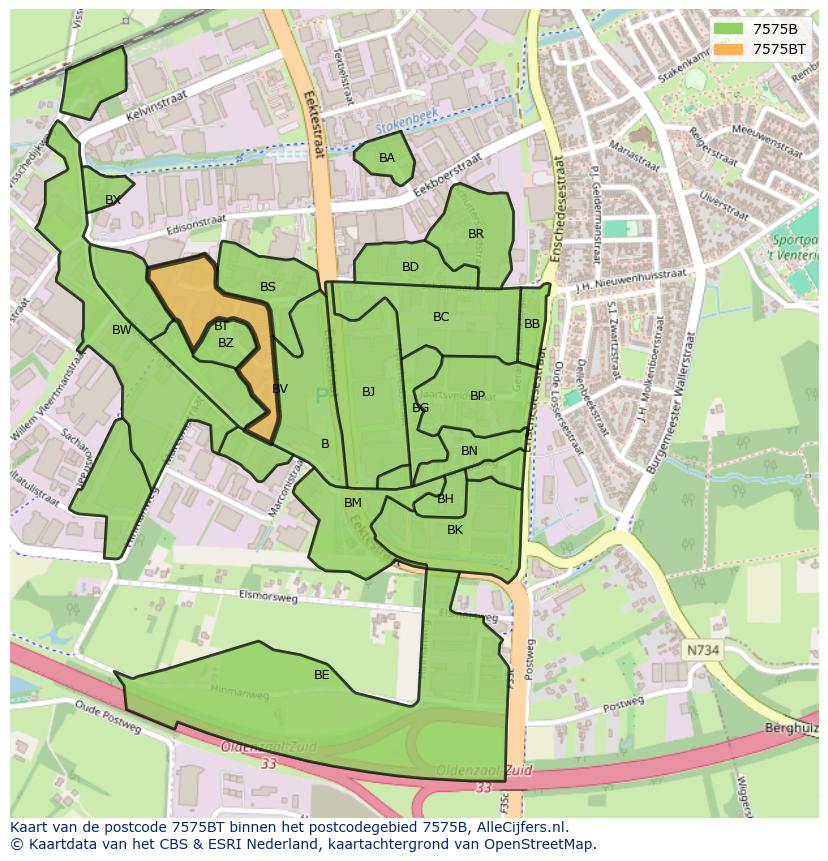 Afbeelding van het postcodegebied 7575 BT op de kaart.