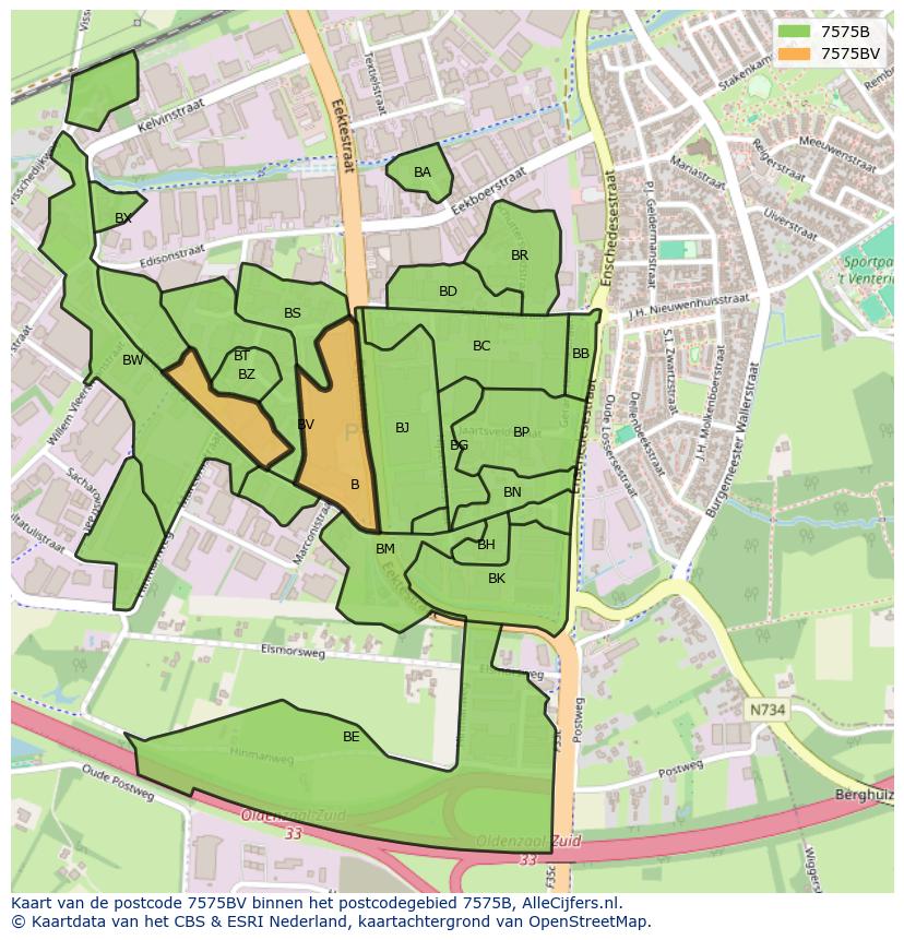 Afbeelding van het postcodegebied 7575 BV op de kaart.