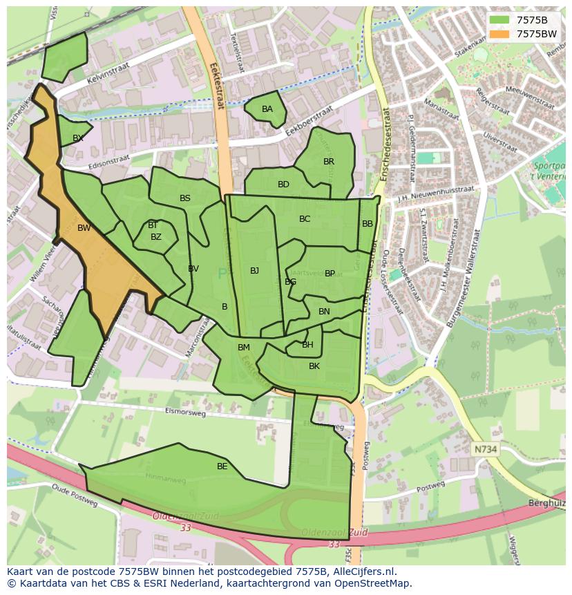 Afbeelding van het postcodegebied 7575 BW op de kaart.