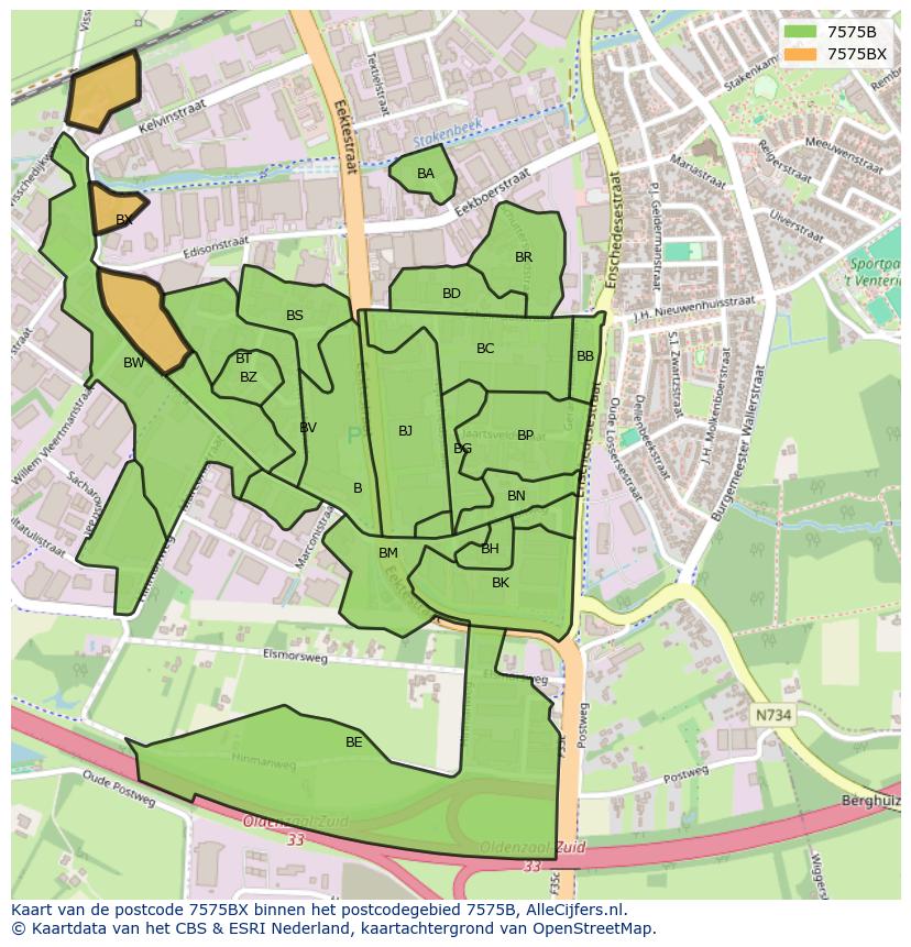 Afbeelding van het postcodegebied 7575 BX op de kaart.