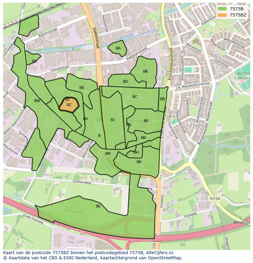 Afbeelding van het postcodegebied 7575 BZ op de kaart.