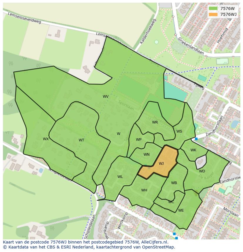 Afbeelding van het postcodegebied 7576 WJ op de kaart.