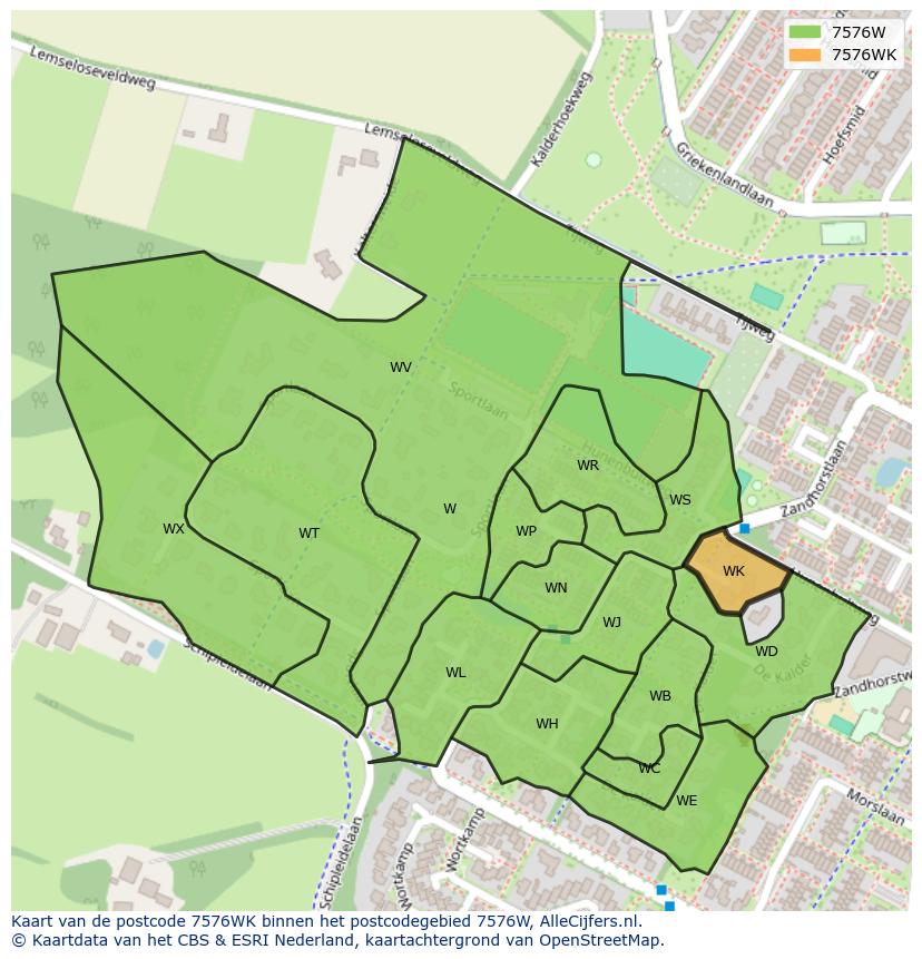 Afbeelding van het postcodegebied 7576 WK op de kaart.