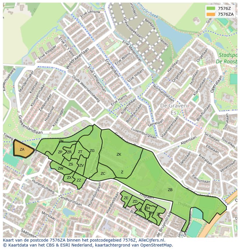 Afbeelding van het postcodegebied 7576 ZA op de kaart.